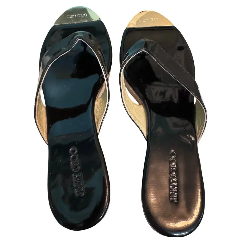 Auth Jimmy Choo Black Patent Leather Cork Wedge Sandals Size 39.5